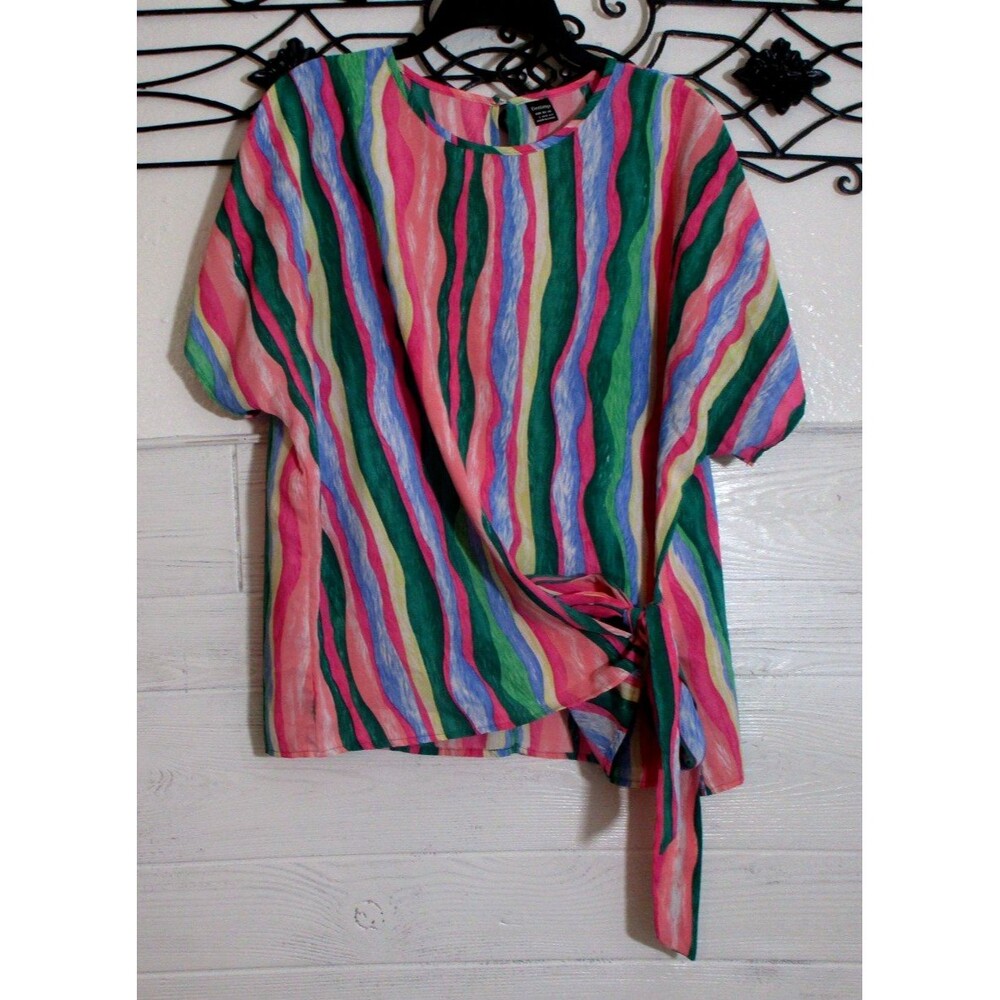 Dreimp Women's Top Size L Short Sleeve Multicolor Striped Round Neck